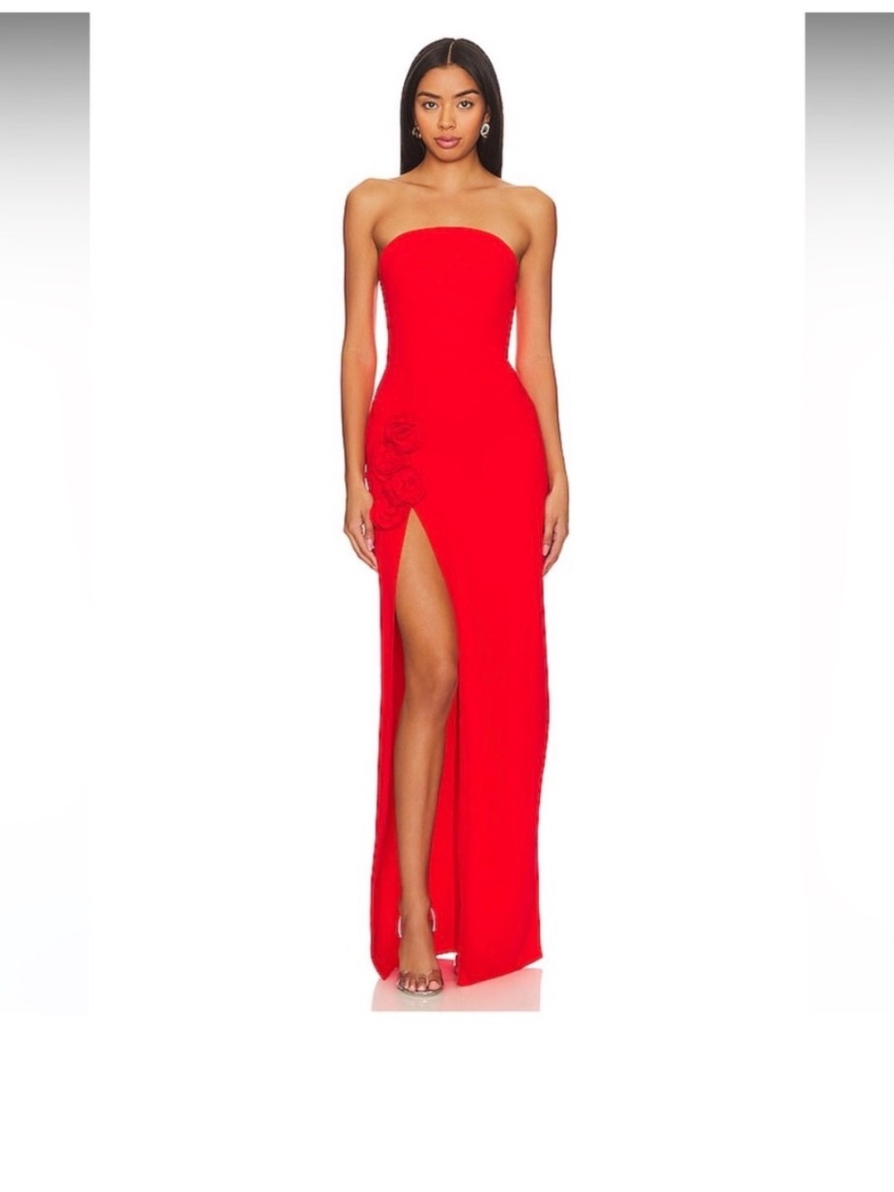 Amanda Uprichard x Revolve Wolfe Strapless Red Evening Gown with Side Slit